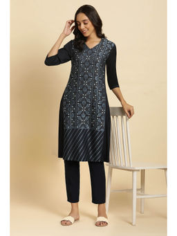 W - Navy Blue Woven Design Straight Kurta and Slim Pant Set (Set of 2)