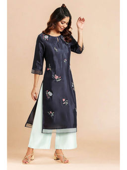 W - Navy Blue Embroidered Kurta and Parallel Pant Set (Set of 2)