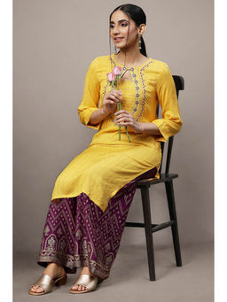 Aurelia - Yellow Metallic Embroidery Straight Kurta and Palazzo Set (Set of 2)