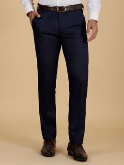 Greenfibre - Men's Navy Blue Super Slim Fit Checked Formal Trouser