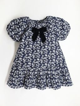 CHERRY CRUMBLE BY NITT HYMAN - Girls Navy Blue & White Round Neck Cotton Dress