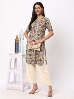 R&B - Green Floral Printed Straight Kurta