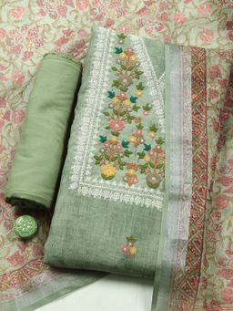 MEENA BAZAAR - Embroidered Green Linen Unstitched Kurta with Pant and Dupatta