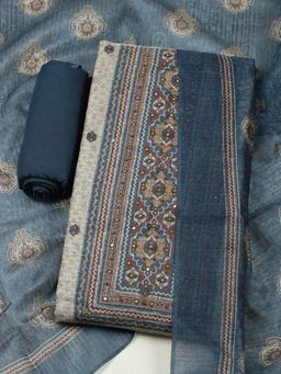 MEENA BAZAAR - Printed Blue Chanderi Unstitched Kurta with Pant and Dupatta