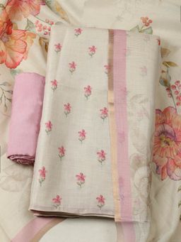 MEENA BAZAAR - Floral Printed Pink Art Silk Unstitched Kurta with Pant and Dupatta