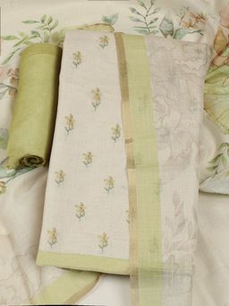 MEENA BAZAAR - Floral Printed Green Art Silk Unstitched Kurta with Pant and Dupatta