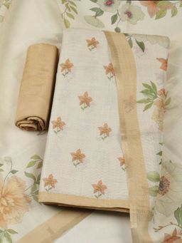 MEENA BAZAAR - Floral Printed Beige Art Silk Unstitched Kurta with Pant and Dupatta