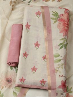 MEENA BAZAAR - Floral Printed Pink Art Silk Unstitched Kurta with Pant and Dupatta