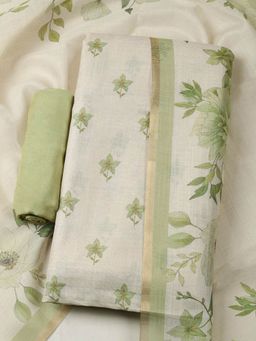 MEENA BAZAAR - Floral Printed Green Art Silk Unstitched Kurta with Pant and Dupatta