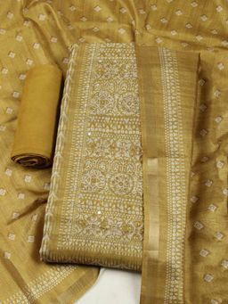 MEENA BAZAAR - Printed Mustard Art Silk Unstitched Kurta with Pant and Dupatta