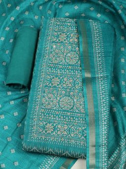 MEENA BAZAAR - Printed Teal Art Silk Unstitched Kurta with Pant and Dupatta