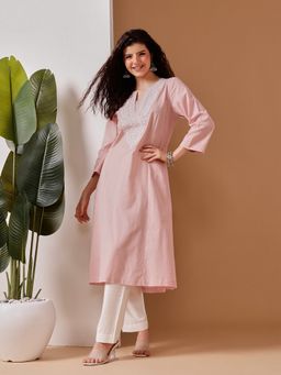 Barara Ethnic - Pink Yoke Straight Kurta