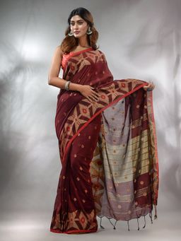 CHARUKRITI - Maroon Cotton Handwoven Saree with Texture Pattern & Unstitched Blouse