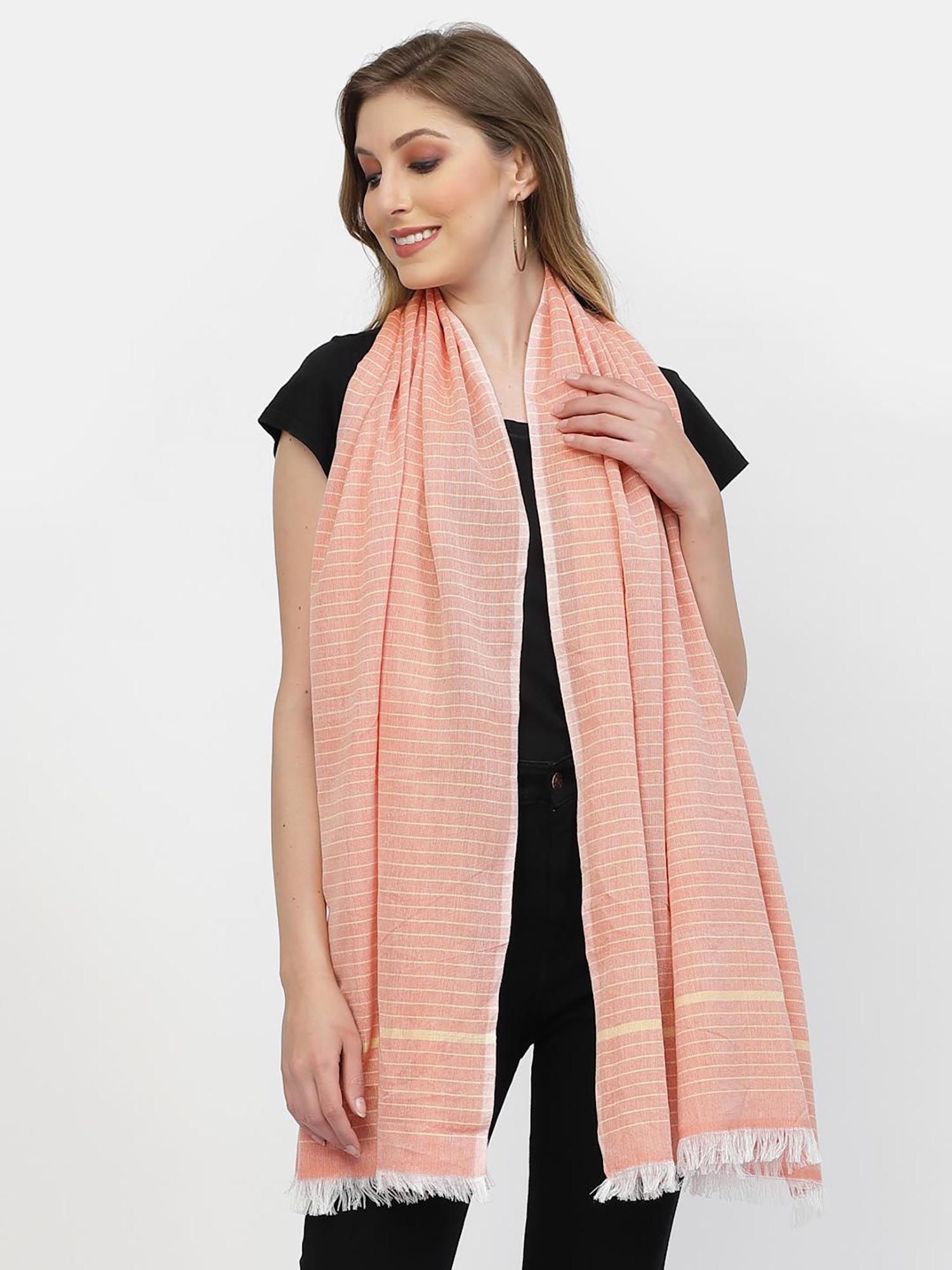 arrabi Peach Striped Handwoven Cotton Full Size Stole-picture-26