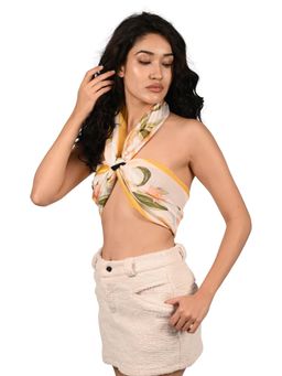 Odette - White and Yellow Printed Satin Scarf for Women