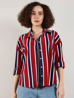 PINACOLADA - Womens Crimson Red & Navy Blue Striped Boxy Shirt