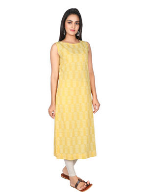 Yellow - Plain Running Stitch Straight Cotton Kurta for women 03