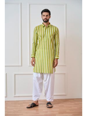 Men Green Regular Pure Cotton Pathani Kurta