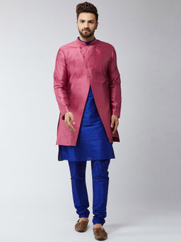 SOJANYA - Silk Blend Royal Pink Self Design Kurta And Sherwani With Churidar (Set of 3)