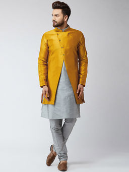 SOJANYA - Silk Blend Grey & Mustard Self Design Kurta And Sherwani With Churidar (Set of 3)