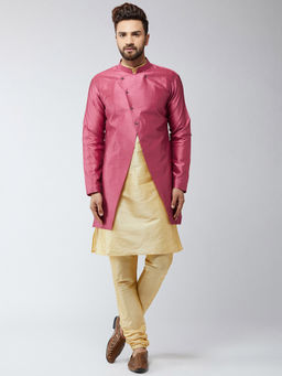 SOJANYA - Silk Blend Gold & Pink Self Design Kurta And Sherwani With Churidar (Set of 3)
