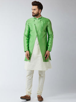 SOJANYA - Men Silk Blend Green Self Design Sherwani And Kurta With Churidar (Set of 3)