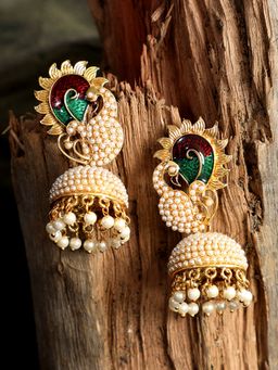 Anika's Creations - Pearl Embedded Meenakari Peacock Designer Jhumki Earrings
