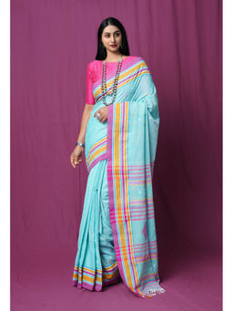 Unnati Silks - Turquoise Blue Pure Handloom Nagaland Cotton Saree with Unstitched Blouse