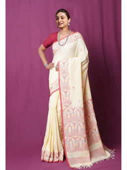 Unnati Silks - Cream Pure Dhaka Bengal Linen Saree with Unstitched Blouse