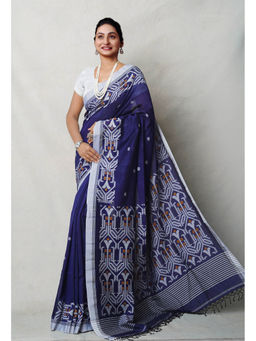 Unnati Silks - Navy Blue Pure Dhaka Bengal Linen Saree with Unstitched Blouse