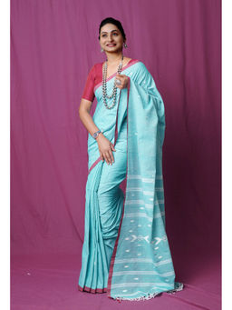 Unnati Silks - Turquoise Green Pure Superfine Cotton Linen Saree with Unstitched Blouse