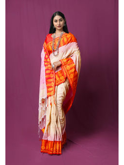 Unnati Silks - Beige Pure Handloom Bengal Cotton Linen Saree with Unstitched Blouse