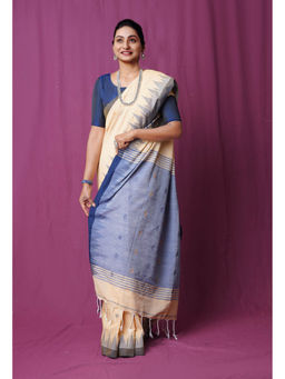 Unnati Silks - Cream Pure Handloom Bengal Cotton Linen Saree with Unstitched Blouse