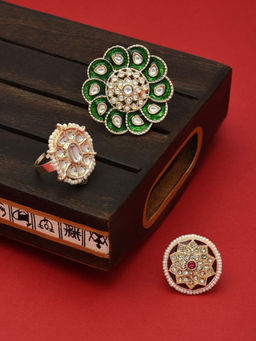 Zaveri Pearls - Set of 3 Multicolor Traditional Kundan Adjustable Finger Rings-ZPFK12768