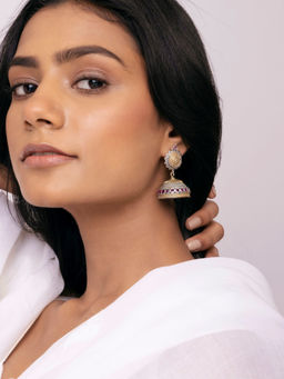 Indya - Dual Tone Pink Stone Engraved Jhumka Earrings