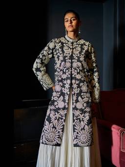 dash and dot - Black Gota Embroidered Longline Jacket