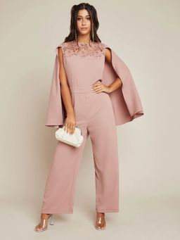 Styli - Pink Lace Yoke Detail Cape Sleeve Jumpsuit