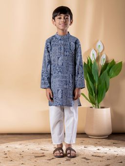 Readiprint - Straight Style Cotton Fabric Blue Kurta And Pyjama