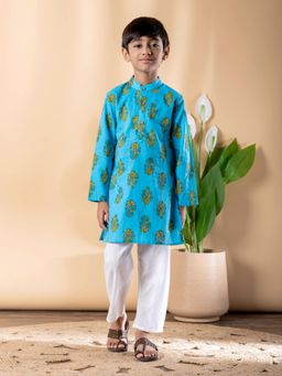 Readiprint - Straight Style Cotton Fabric Teal Kurta And Pyjama