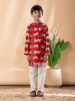 Readiprint - Straight Style Cotton Fabric Red Kurta And Pyjama