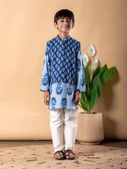 Readiprint - Straight Style Cotton Fabric Blue Kurta And Pyjama With Nehru Jacket