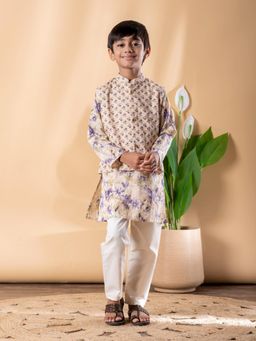 Readiprint - Straight Style Cotton Fabric Beige Kurta And Pyjama With Nehru Jacket