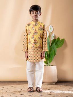 Readiprint - Straight Style Cotton Fabric Yellow Kurta And Pyjama With Nehru Jacket