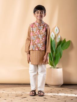 Readiprint - Straight Style Cotton Fabric Brown Kurta And Pyjama With Nehru Jacket