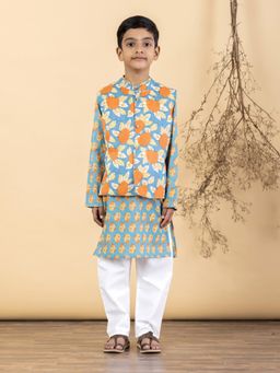 Readiprint - Straight Style Cotton Fabric Teal Kurta And Pyjama With Nehru Jacket