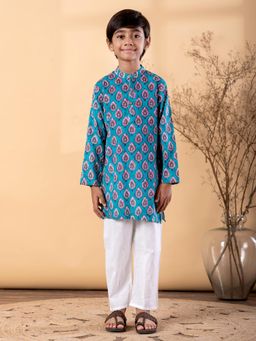 Readiprint - Straight Style Cotton Fabric Teal Kurta And Pyjama