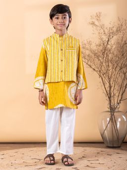 Readiprint - Straight Style Cotton Fabric Yellow Kurta And Pyjama With Nehru Jacket
