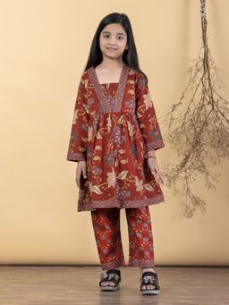 Readiprint - Peplum Style Cotton Fabric Red Kurta With Pant