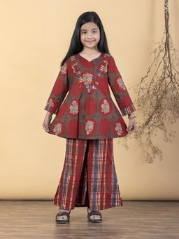 Readiprint - Peplum Style Cotton Fabric Maroon Kurta With Palazzo