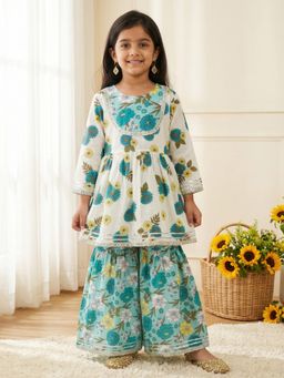 Readiprint - Peplum Style Cotton Flex Fabric Cream Color Kurti With Sharara